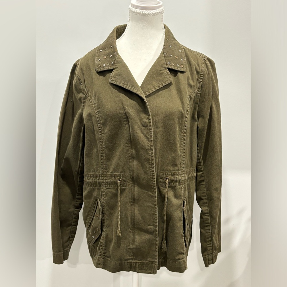 Relativity Womens Large Olive Green Drawstring Jacket Pockets 100% Cotton